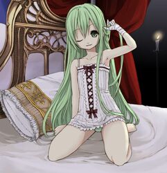  adjusting_hair aged_down alternate_hairstyle armpits bad_id bad_pixiv_id bandages bed candle cendrillon_(vocaloid) female green_eyes green_hair hair_down hatsune_miku kneeling kooten_bergh_no_youhei long_hair one_eye_closed panties pantyshot pillow solo striped_clothes striped_panties underwear very_long_hair vocaloid 