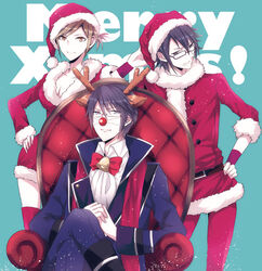  2boys animal_ears antlers aqua_background awashima_seri bell black_hair blonde_hair blue_eyes breasts brown_eyes chair christmas cleavage collar commentary_request crossed_legs english_text fake_animal_ears female fushimi_saruhiko glasses hand_on_own_hip horns k-project looking_at_viewer maine_(unap!) medium_breasts multiple_boys munakata_reishi neck_bell red_nose santa_costume short_hair sitting standing yellow_eyes 