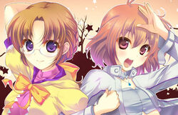  2girls brown_hair commentary_request glasses ibis_douglas locked_arms lowres matsunami_rumi multiple_girls purple_eyes red_eyes red_hair short_hair super_robot_wars super_robot_wars_original_generation tsugumi_takakura 