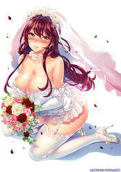  blush bouquet breasts bridal_veil cleavage dress elbow_gloves feet female flower garter_straps gloves high_heels kuon_michiyoshi lace lace-trimmed_panties lace_trim large_breasts nose_blush panties petals red_hair rose rose_petals sandals shoes sitting solo thighhighs toeless_footwear underwear veil wariza wedding_dress white_thighhighs yellow_eyes 