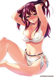  action_pizazz adjusting_hair armpits bikini blush breasts cleavage female full-face_blush kuon_michiyoshi large_breasts layered_bikini long_hair looking_at_viewer navel open_mouth pink_hair side-tie_bikini_bottom simple_background sitting solo swimsuit underboob white_background white_bikini yellow_eyes 