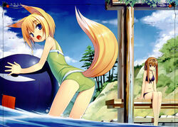  2girls absurdres animal_ears ass ball bare_legs beachball bikini blonde_hair blue_eyes blush breasts brown_eyes brown_hair fox_ears fox_tail front-tie_top hair_ribbon highres kitsune_(poko) kuroino_(poco) long_hair looking_back multiple_girls navel oerba_yun_fang one-piece_swimsuit open_mouth original poco_(asahi_age) poko ponytail ribbon shiratama_kitsune sitting smile swimsuit tail water 