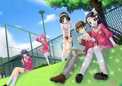  4girls blue_hair brown_hair elsea_de_lute_irma elsee_de_ruth_ima elysia_de_lute_ima grass kami_nomi_zo_shiru_sekai katsuragi_keima long_hair multiple_characters multiple_girls nakagawa_kanon open_mouth pink_hair playstation_portable ponytail shiomiya_shiori shoes shogakukan short_hair skirt sky smile sony summer takahara_ayumi thighhighs 