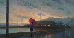  bare_tree blue_socks brown_footwear city cloud cloudy_sky collared_shirt commentary_request feel_(nasitaki) female highres holding holding_umbrella house kneehighs long_sleeves md5_mismatch necktie original outdoors photoshop_(medium) pleated_skirt power_lines scenery school_uniform shirt shoes short_hair signature skirt sky socks solo standing sweater transmission_tower tree umbrella utility_pole very_wide_shot wet_pavement white_shirt 