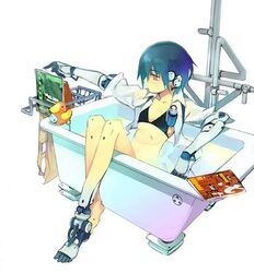  artist_request bath bikini flat_chest original robot short_hair swimsuit tub 