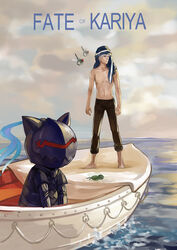  1boy animalization berserker_(fate/zero) boat bug canine commentary_request crest_worm fate/zero fate_(series) fatlulu_(1008) grey_hair hat life_of_pi matou_kariya parody photoshop_(medium) topless_male watercraft white_hair worm 