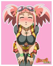  blush cleavage closed_eyes dinosaur_king goggles jacket large_breasts makino_tomoyasu necklace open_mouth pink_hair short_hair shorts simple_background socks solo standing tatsuno_malm taut_shirt twintails 