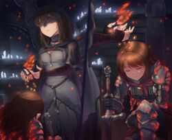  3girls armor ashen_one_(dark_souls_3) ashen_one_(dark_souls_3)_(cosplay) brown_hair closed_eyes commentary cosplay dark_souls_(series) dark_souls_iii facing_away fire_keeper fire_keeper_(cosplay) hair_bun holding holding_sword holding_weapon idolmaster idolmaster_cinderella_girls kamille_(vcx68) long_hair looking_away multiple_girls sagisawa_fumika shimamura_uzuki short_hair single_hair_bun sword weapon 