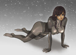  black_hair bodysuit breasts brown_eyes crying_wolf dark-skinned_female dark_skin dark_skinned_female feet female full_body gradient gradient_background konami long_hair lying metal_gear metal_gear_(series) metal_gear_solid metal_gear_solid_4 oreo_(pixiv) skin_tight solo 