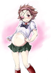  bad_id bad_pixiv_id big_belly blush boots bow brown_hair clothes_pull commentary_request eyepatch female girls_und_panzer hair_pulled_back hairband legs matsukura_nemu midriff momogaa_(girls_und_panzer) navel ooarai_school_uniform photoshop_(medium) pink_hairband pregnant red_eyes school_uniform shirt_pull short_hair solo tears 