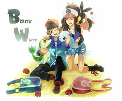  antenna_hair bag baseball_cap belt black_(pokemon) blue_eyes blush boots brown_eyes brown_hair closed_eyes denim denim_shorts hat jacket long_hair male messenger_bag mijumaru open_mouth oshawott pants pokabu poke_ball pokeball pokemon pokemon_(game) pokemon_black_and_white pokemon_bw shoes short_hair short_shorts shorts smile socks touko_(pokemon) touko_(pokemon) touya_(pokemon) tsutaaja vest wink 