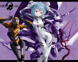  ayanami_rei blue_hair caramelldansen eva_00 eva_01 lance_of_longinus mecha neon_genesis_evangelion pink_eyes short_hair weapon 