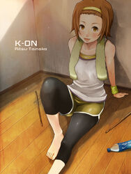  arm_support barefoot blush bottle brown_eyes brown_hair commentary_request drumsticks female hairband highres k-on! leggings leggings_under_shorts looking_at_viewer open_mouth photoshop_(medium) shigureteki short_hair shorts sitting smile solo tainaka_ritsu tank_top towel towel_around_neck water_bottle wooden_floor wristband 