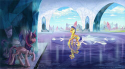  2015 alicorn armor cosmicunicorn crystal_empire duo equid equine feathered_wings feathers female flash_sentry_(mlp) friendship_is_magic galea hasbro headgear helmet hi_res horn male mammal my_little_pony mythological_creature mythological_equine mythology outside pegasus reflection stalking twilight_sparkle_(mlp) wings 