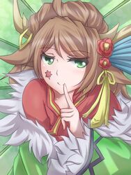  ahoge aleixww animal_ears antlers bad_id bad_pixiv_id brown_hair coat deer_ears facial_mark female finger_to_mouth flower fur_trim green_eyes hair_flower hair_ornament hair_ribbon hair_up horns japanese_clothes kano_(p&amp;d) kimono leaf long_hair long_sleeves oil-paper_umbrella puzzle_&amp;_dragons ribbon smile solo umbrella upper_body yellow_ribbon 