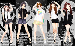  5girls bag brown_eyes brown_hair commentary_request english_text fashion glasses handbag hat heart highres kusaka_maichi long_hair multiple_girls necktie no_socks original photoshop_(medium) shirt short_hair shorts skirt suspenders t-shirt zoom_layer 