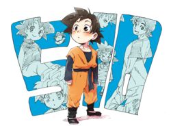  1boy :o black_eyes black_hair chinese_clothes clenched_hand closed_eyes commentary_request crying dougi dragon_ball dragon_ball_z fukuko_fuku happy long_sleeves looking_at_viewer looking_away looking_back male_focus open_mouth profile short_hair simple_background smile son_goten spiked_hair super_saiyan super_saiyan_1 tears white_background 