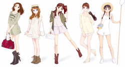  5girls bag blue_eyes boots brown_eyes brown_hair commentary_request fashion hand_net handbag hat highres jewelry kusaka_maichi long_hair multiple_girls necklace no_socks original short_hair sleeves_pushed_up 