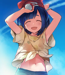  :d ^_^ armpit_peek armpits arms_up beanie blue_sky blush bracelet closed_eyes commentary_request contrail day female floral_print glint happy hat holding holding_poke_ball jewelry laughing light_particles midriff muutsuki navel open_mouth poke_ball poke_ball_(basic) pokemon pokemon_sm print_shirt red_hat selene_(pokemon) shirt short_hair shorts sky smile solo stomach swept_bangs tied_shirt upper_body wide_sleeves 