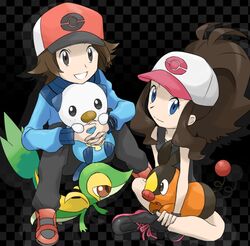  antenna_hair baseball_cap black_(pokemon) blue_eyes brown_eyes brown_hair checkered hat high_ponytail jacket long_hair male mijumaru nintendo open_mouth oshawott pants pignite pokabu pokemon pokemon_(game) pokemon_black_and_white pokemon_bw ponytail shadow shoes short_hair sitting smile smugleaf snivy socks tepig touko_(pokemon) touko_(pokemon) touya_(pokemon) tsutaaja wotter zipper 