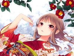  1boy akaimo_satsuma brown_hair crossdressing flower goma_(11zihisin) japanese_clothes kimono long_hair lying male male_focus new_year obi on_back open_mouth original red_eyes ribbon sash smile snow solo trap 