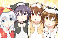  4girls akatsuki_(kancolle) alternate_costume alternate_hairstyle animal_costume bell_(oppore_coppore) blue_eyes braid brown_hair cat_costume chestnut_mouth chicken_costume clenched_hands collarbone commentary_request cosplay cow_costume dog_costume gochuumon_wa_usagi_desu_ka? hair_between_eyes hibiki_(kancolle) hood ikazuchi_(kancolle) inazuma_(kancolle) kantai_collection kigurumi long_hair long_sleeves looking_at_viewer multiple_girls pajamas pom_pom_(clothes) purple_eyes purple_hair red_eyes short_hair sparkle tokimeki_poporon twin_braids upper_body white_hair 