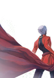  1boy archer_(fate) bad_id bad_pixiv_id cloak dark-skinned_male dark_skin fate/stay_night fate_(series) from_behind jacket kinuta_kouji male_focus red_jacket solo white_hair 