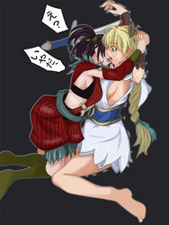  2girls arms_up blonde_hair blood bra braid brown_hair bula defeated detached_sleeves earrings female green_eyes incipient_kiss jewelry kissing lingerie long_hair multiple_girls restrained single_braid sophitia_alexandra soul_calibur soul_calibur_iv soulcalibur_iv sword tears tira tira_(soulcalibur) translation_request twintails underwear warrior weapon yuri 