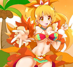  :d adapted_costume alternate_form ashita_wa_hitsuji blonde_hair blush breasts brooch choker cleavage coconut commentary_request cowboy_shot cure_honey cure_honey_(coconut_samba) detached_sleeves earrings eyelashes female green_choker hair_ornament hairband happinesscharge_precure! happy heart heart_brooch highres jewelry large_breasts long_hair looking_at_viewer magical_girl name_connection navel object_namesake oomori_yuuko open_mouth orange_skirt palm_tree photoshop_(medium) ponytail precure samba skirt smile solo tree yellow_eyes 