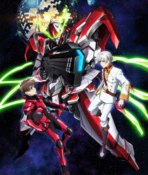  2boys blue_eyes bodysuit boots brown_hair grey_eyes grey_hair highres kakumeiki_valvrave l-elf male_focus mecha military military_uniform multiple_boys official_art robot short_hair suzuki_takuya suzuki_tatsuya tokishima_haruto uniform valvrave_i 