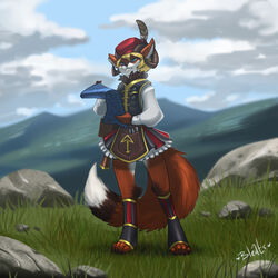  1:1 absurd_res armello artist_name bleats blonde_hair blue_eyes blueprint bottomwear bovid canid canine caprine clothed clothing cosplay crossdressing curved_horn detailed_background elyssia_(armello) fan_character femboy fox fur hair hat headgear headwear hi_res horn hybrid league_of_geeks male mammal orange_body orange_fur outside raiko_amani skirt solo tools 