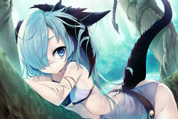  armlet belt blue_eyes blue_hair closed_mouth commentary_request dragon_girl dragon_horns dragon_tail eyelashes female fingernails flat_chest forest hair_over_one_eye horns long_hair looking_away looking_to_the_side lying muutsuki nature on_stomach original plant scar skindentation solo tail tree vines 