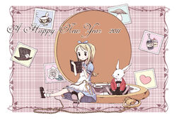  alice_(alice_in_wonderland) alice_in_wonderland apron bad_id bad_pixiv_id blonde_hair bloomers book bottle bow bowtie cake chika_(orange_pop) dress female flower food hat heart lid mary_janes mushroom new_year pocket_watch shoes sitting teapot underwear watch white_rabbit_(alice_in_wonderland) 