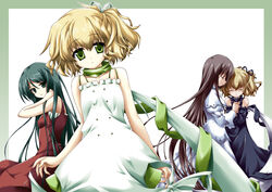  4girls angelina_rocca aqua_hair arms_at_sides bare_arms bare_shoulders belle_(katahane) black_dress black_ribbon border breasts brown_hair christina_dorn closed_eyes closed_mouth collar collarbone commentary_request detached_sleeves dress efa flat_chest frilled_sleeves frills green_border green_eyes green_scarf hair_ribbon hand_in_own_hair holding_hands juliet_sleeves katahane katase_kai long_hair long_sleeves looking_at_viewer multiple_girls one_side_up profile puffy_sleeves red_dress ribbon scarf short_hair simple_background sleeveless sleeveless_dress small_breasts smile tareme very_long_hair white_background white_dress white_ribbon 