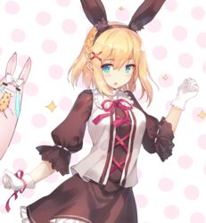  :o animal_ears blonde_hair braid commentary_request cross-laced_clothes dress fake_animal_ears female frills gloves green_eyes hair_ornament hairband hairclip kudou_ayato last_embryo momoko_(momopoco) mondaiji-tachi_ga_isekai_kara_kuru_sou_desu_yo? rabbit rabbit_ears ribbon ribbon-trimmed_sleeves ribbon_trim short_hair sparkle vest white_gloves wrist_ribbon x_hair_ornament 