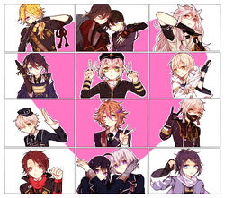  6+boys armor black_gloves black_hair blonde_hair blue_eyes brown_hair commentary_request double_v fox_shadow_puppet gloves gokotai gotou_toushirou green_eyes hair_over_one_eye hat heart heart_trace honebami_toushirou horikawa_kunihiro hotarumaru izumi-no-kami_kanesada japanese_armor japanese_clothes kashuu_kiyomitsu kogitsunemaru male_focus menpoo mikazuki_munechika multiple_boys nakigitsune namazuo_toushirou oerba_yun_fang purple_eyes red_eyes shishiou_(touken_ranbu) smile suika_shimo touken_ranbu tsurumaru_kuninaga v white_gloves white_hair yamato-no-kami_yasusada yellow_eyes 