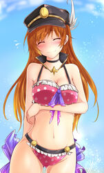  bikini blush breast_hold breasts brown_hair check_commentary choker cleavage closed_eyes commentary_request eyebrows female flying_sweatdrops granblue_fantasy hat head_tilt highres large_breasts lecia_(granblue_fantasy) lecia_(summer)_(granblue_fantasy) long_hair midriff navel peaked_cap pink_bikini polka_dot polka_dot_bikini smile solo sweatdrop swimsuit vellark 