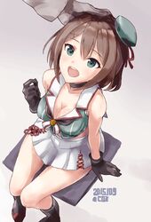  blue_eyes breasts brown_hair commentary_request coz_(commit) female hat headpat kantai_collection large_breasts maya_(kancolle) midriff miniskirt remodel_(kantai_collection) school_uniform serafuku short_hair sitting skirt smile solo_focus 