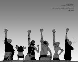  4boys alabasta back bandana clenched_hand edited everyone female female fist friends friendship haramaki hat male monkey_d_luffy monochrome multiple_boys nami nami_(one_piece) oda_eiichiro oda_eiichirou official_art one_piece pirate reindeer roronoa_zoro roronora_zora sanji sash smoke smoking standing straw_hat sword tony_tony_chopper usopp wallpaper weapon x 