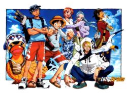  4boys alternate_costume anime bandage bandages bird black_hair blonde_hair blue_hair blue_shirt carue duck goggles green_hair hat hood hoodie jewelry monkey_d_luffy multiple_boys multiple_girls nami nami_(one_piece) navel necklace nefertari_vivi oda_eiichiro oda_eiichirou one_piece paintbrush red_shirt red_shorts roronoa_zoro sandals sanji sarong seagull shirt sky smoking straw straw_hat striped_hat t-shirt usopp white_shirt 