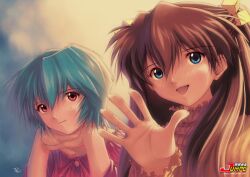  ayanami_rei duplicate nagko neon_genesis_evangelion soryu_asuka_langley waving yuji 