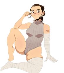  armwear bandages barrybbeesly breasts brown_eyes brown_hair freckles hair_bun hand_to_head leotard looking_at_viewer playing_with_hair rey smile star_wars sweater thick_thighs toned 