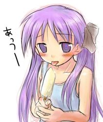  blush collarbone female food hiiragi_kagami long_hair lucky_star popsicle purple_eyes purple_hair simple_background sketch solo tongue tongue_out twintails upper_body white_background yuki_mashiro 