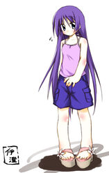  casual female hayate_no_gotoku! mizuno_minato purple_hair saginomiya_isumi sandals shorts solo 