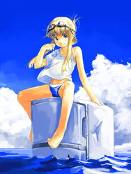  barefoot bikini bikini_bottom_only blonde_hair blue_eyes cloud day female folded_ponytail goggles goggles_on_head myu_(neorosi) original refrigerator sidelocks sitting sky solo swimsuit 