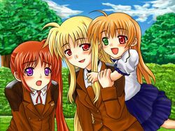  3girls ahoge bad_link blonde_hair fate_testarossa heterochromia lyrical_nanoha mahou_shoujo_lyrical_nanoha_strikers military military_uniform multiple_girls purple_eyes red_eyes red_hair side_ponytail takamachi_nanoha tsab_ground_military_uniform uniform vivio yuki_mashiro 