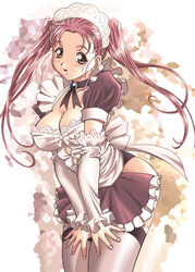  breasts brown_eyes cleavage copyright_request elbow_gloves female gloves large_breasts long_hair maid pink_hair senbata-rou solo thighhighs twintails 