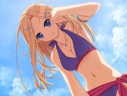  bikini blonde_hair breasts cleavage cloud day female from_below game_cg hair_ornament hairclip hand_in_own_hair horiuchi_sana jewelry long_hair medium_breasts murakami_suigun navel necklace oerba_yun_fang outdoors pia_carrot_(series) pia_carrot_e_youkoso!!_g.o. purple_eyes sky solo swimsuit 