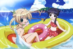  2girls :o absurdres back barefoot bikini bikini_skirt blonde_hair blue_eyes blue_hair blunt_bangs blush bracelet cliff cloud day double_bun flat_chest floating_hair hair_between_eyes hair_bobbles hair_bun hair_intakes hair_ornament hanazono_karin highres holding inflatable_raft innertube jewelry kamichama_karin kujou_himeka lens_flare lolicon long_hair looking_at_viewer looking_back megami_magazine multiple_girls necklace oar ocean official_art open_mouth outdoors polka_dot polka_dot_bikini polka_dot_swimsuit profile red_eyes scan see-through shinohara_kenji sidelocks sitting sky splashing striped_bikini striped_clothes surprised swim_ring swimsuit tankini tree twintails wariza water 