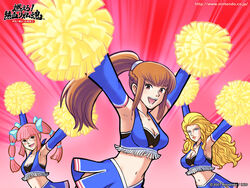  3girls amemiya_sayaka anna_lindhurst armpits blonde_hair bra breasts brown_hair cheerleader cleavage crop_top elbow_gloves foreshortening gloves hair_ribbon highres kanda_aoi lingerie long_hair medium_breasts midriff multiple_girls navel official_art official_wallpaper osu!_tatakae!_ouendan osu!_tatakae!_ouendan_2 ouendan pink_hair pom_pom_(cheerleading) ponytail ribbon skirt smile twintails underwear 